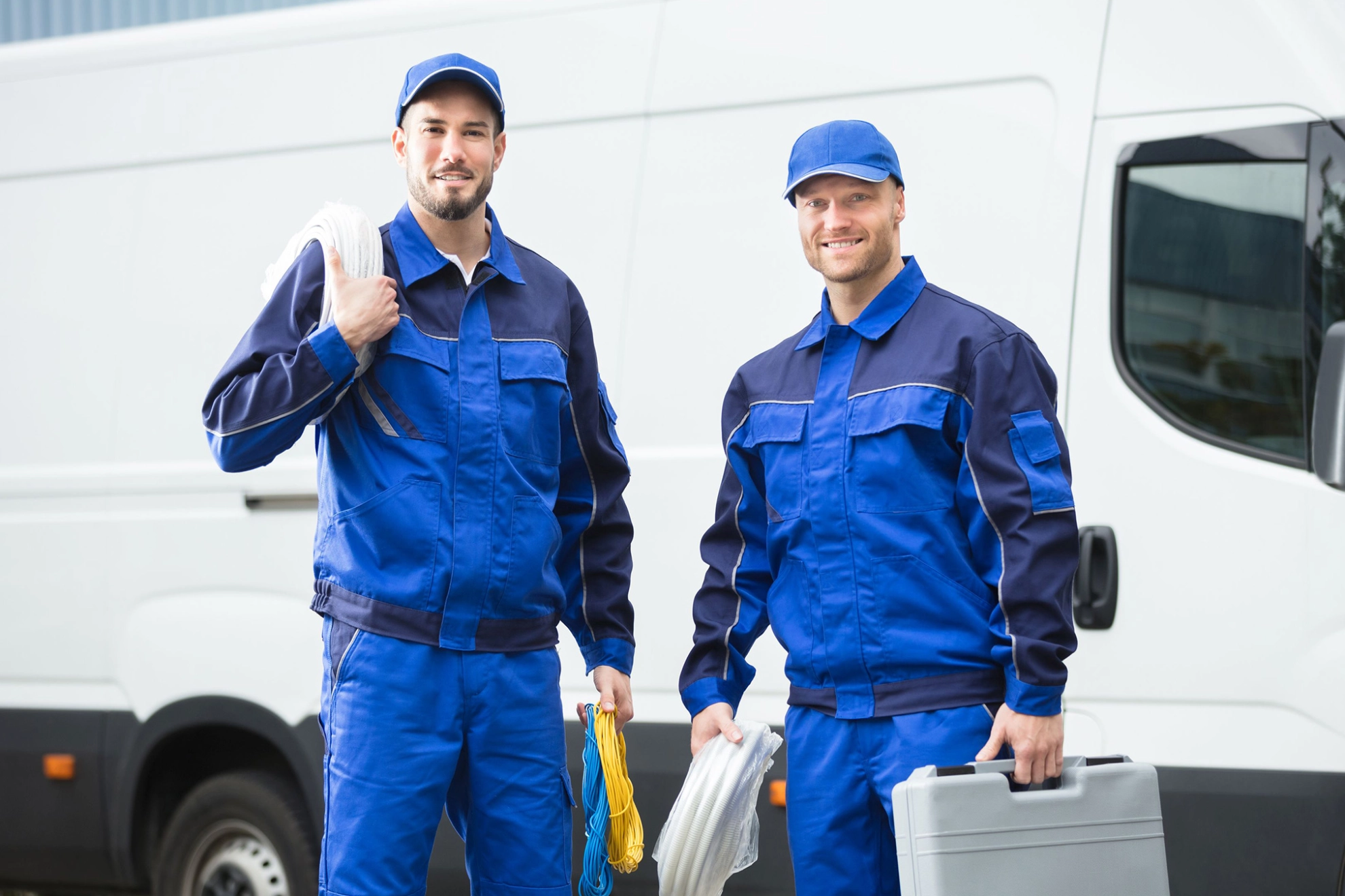 Zwei Techniker mit Kabeln und Werkzeug vor ihrem Lieferwagen