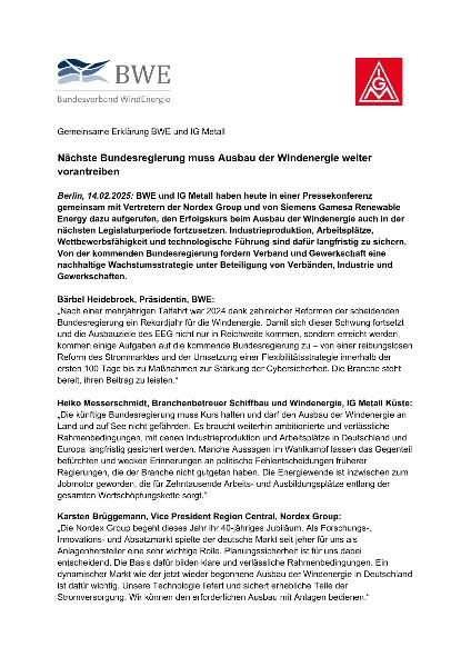 Gemeinsame Erklärung BWE und IG Metall