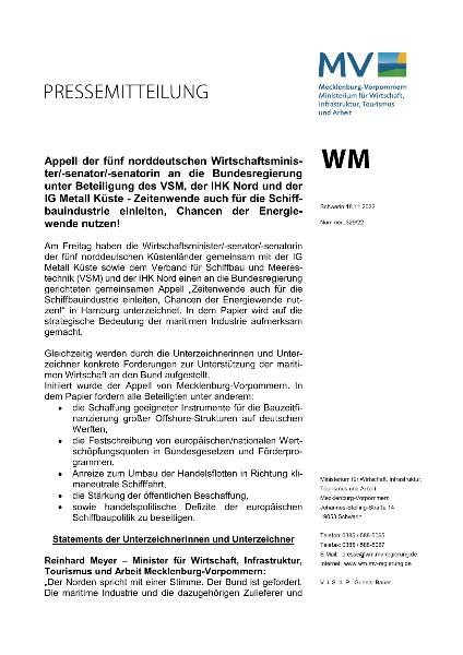 Pressemitteilung WIMI Mecklenburg-Vorpommern Norddeutscher Appell