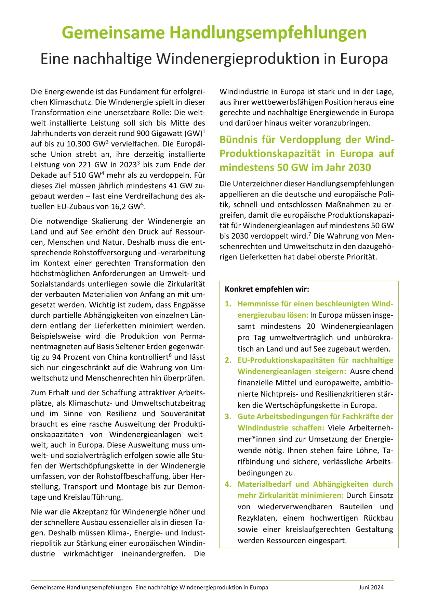 Gemeinsame Handlungsempfehlungen - Eine nachhaltige Windenergieproduktion in Europa