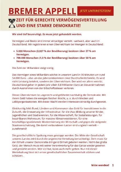 Bremer Appell „Zeit für gerechte Vermögensverteilung und eine starke Demokratie“