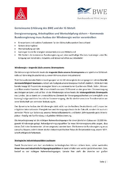 Gemeinsame Erklärung BWE und IG Metall